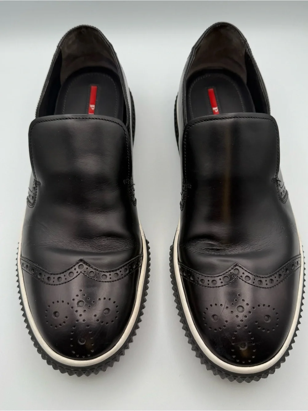Prada Linea Rossa Black Leather Brogue Slip On Sneakers Sport COA US 10 / 9